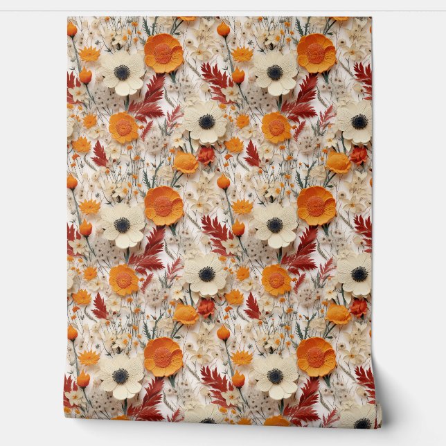Boho wildflowers burn orange fall colours floral wallpaper (Unrolling)