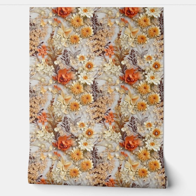 Boho wildflowers burn orange fall colours floral wallpaper (Unrolling)