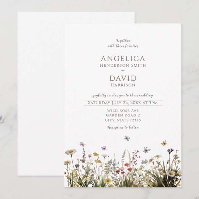 Boho Wildflowers Butterflies Wedding  Invitation (Front/Back)