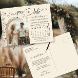 Boho Wildflowers Calendar & Photo Save the Date Announcement Postcard<br><div class="desc">This beautiful save the date postcard will give your friends and family advance notice of your upcoming wedding. It features a rustic yet design with your photo in an elegant arch shaped frame, and a custom calendar where you can put a heart around your wedding date. The background is cream...</div>