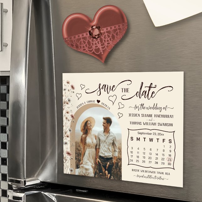 Boho Wildflowers Calendar & Photo Save the Date Magnetic Invitation (Magnetic for Convenient Display!)