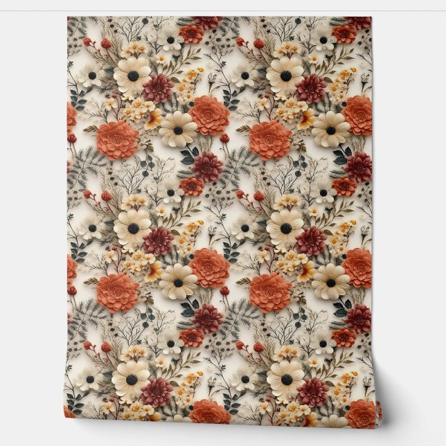 Boho wildflowers copper rusty fall colours floral wallpaper (Unrolling)