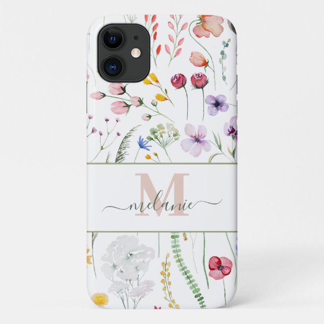 Boho Wildflowers Custom Name Monogram Case-Mate iPhone Case (Back)