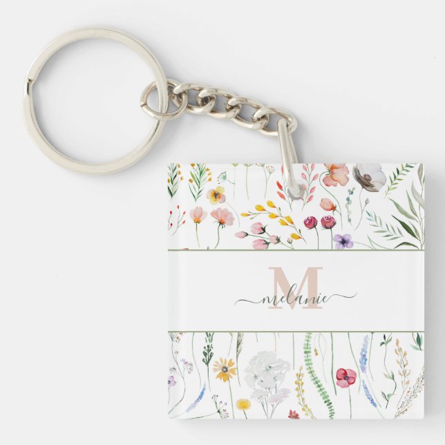 Boho Wildflowers Custom Name Monogram Key Ring (Front)