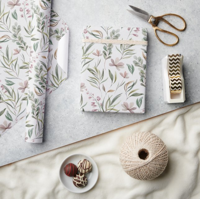 Boho Wildflowers Dusty Pink Sage Green  Wrapping Paper (Crafts)