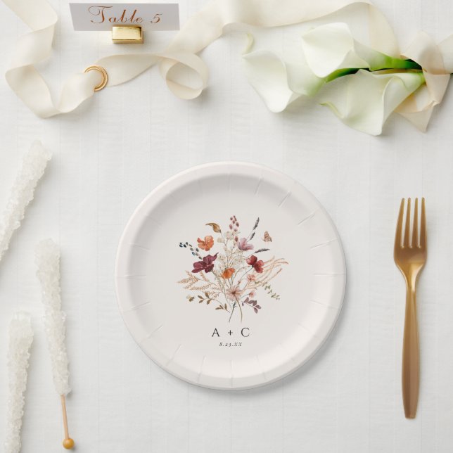 Boho Wildflowers Elegant Fall Wedding Cake Paper Plate (Wedding)