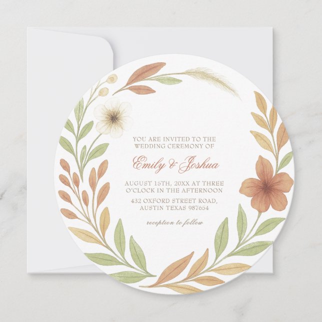 Boho Wildflowers Elegant Round Wedding Invitation (Front)