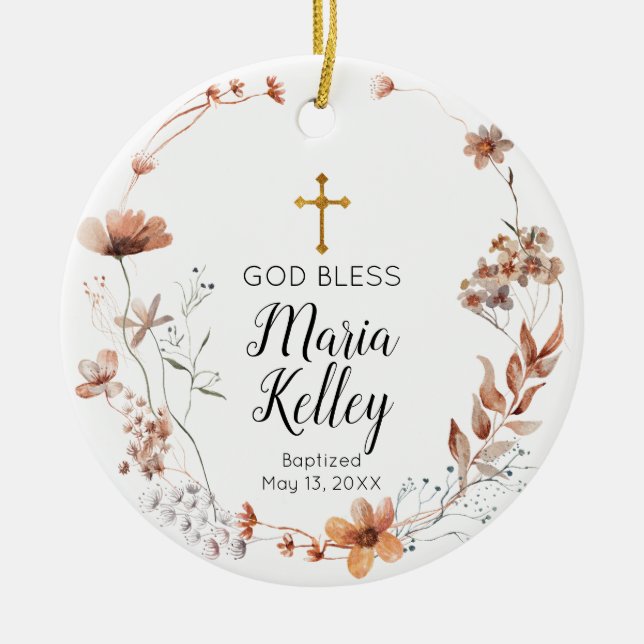 Boho Wildflowers Floral Personalised Girl Baptism Ceramic Tree Decoration (Front)