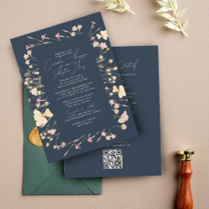 Boho Wildflowers Frame Navy RSVP QR Code Wedding  Invitation