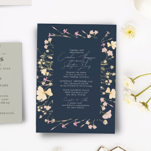 Boho Wildflowers Frame Navy Wedding  Invitation