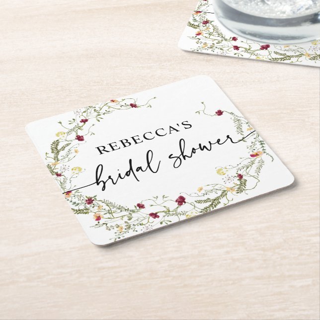 Boho Wildflowers Greenery Bridal Shower  Square Paper Coaster (Angled)