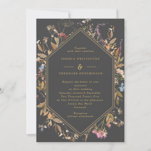 Boho Wildflowers Grey & Gold Geo Frame Wedding Invitation