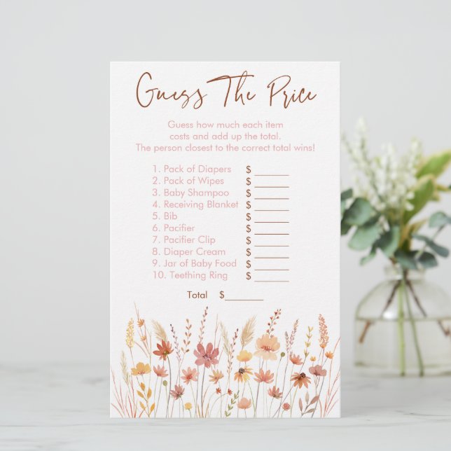 Boho Wildflowers Guess The Price Baby Shower Game (Standing Front)