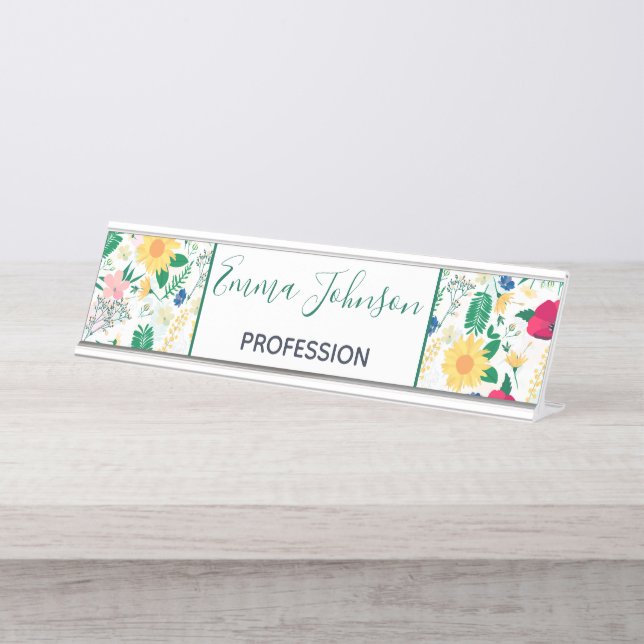 Boho Wildflowers Meadow Floral Design Desk Name Plate (Front)