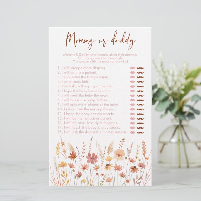 Boho Wildflowers Mummy or Daddy Baby Shower Game (Standing Front)