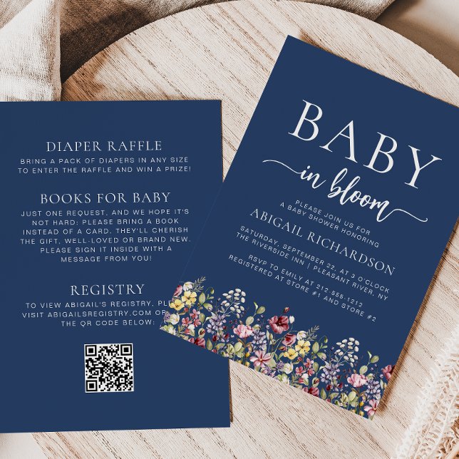 Boho Wildflowers Navy Blue QR Code Baby Shower Invitation (Creator Uploaded)