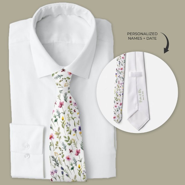Boho Wildflowers Neck Tie (Boho personalized wildflower  wedding necktie for groom and groomsmen gifts.)
