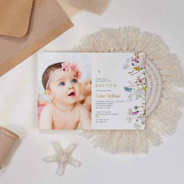 Boho Wildflowers Photo Girl Baptism Invitation (Creator Uploaded)