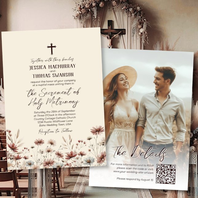 Boho Wildflowers Photo & QR Code Catholic Wedding Invitation (Front/Back)