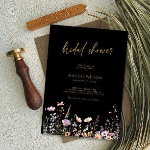 Boho Wildflowers Pop! Black Bridal Shower Invitation