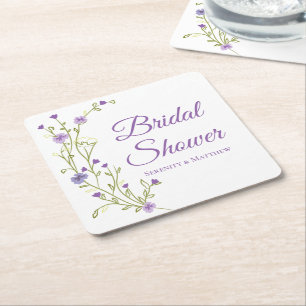 Boho Wildflowers Purple Floral Bridal Shower Square Paper Coaster