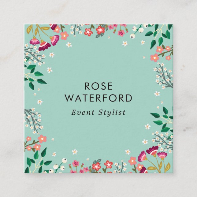 Boho Wildflowers - Robin's Egg Blue Square Business Card (Front)