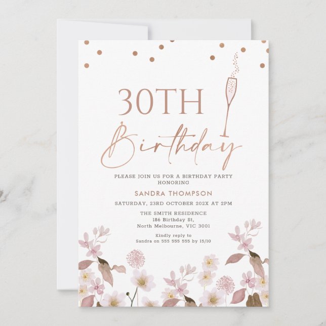 Boho Wildflowers Rose Gold Any Age Birthday Invitation (Front)