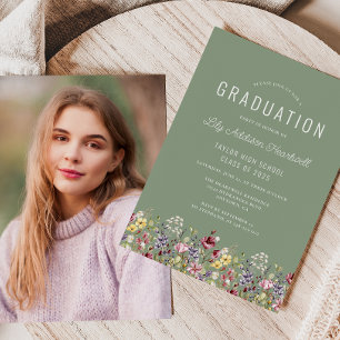 Boho Wildflowers Sage Green Photo Graduation Invitation