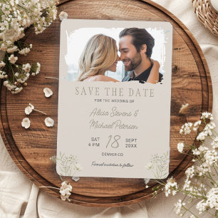 Boho wildflowers simple photo beige sage wedding save the date
