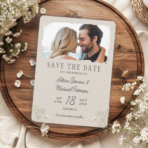 Boho wildflowers simple photo beige wedding save the date