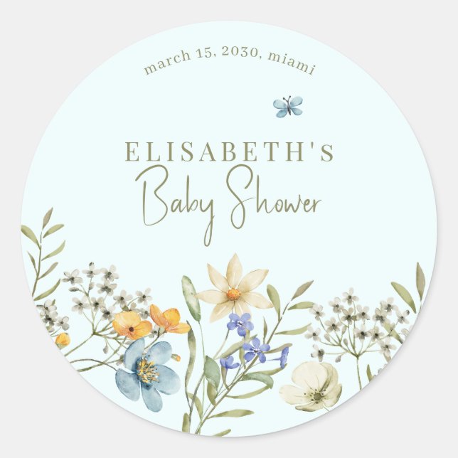 Boho wildflowers spring baby shower personalised classic round sticker (Front)