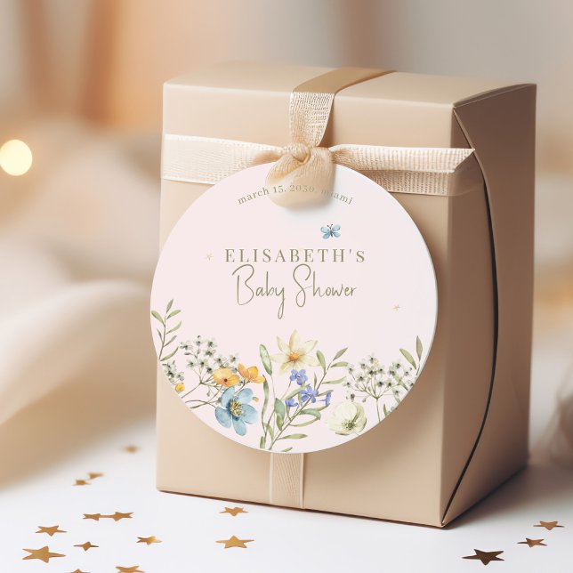 Boho wildflowers spring baby shower personalised classic round sticker (Creator Uploaded)
