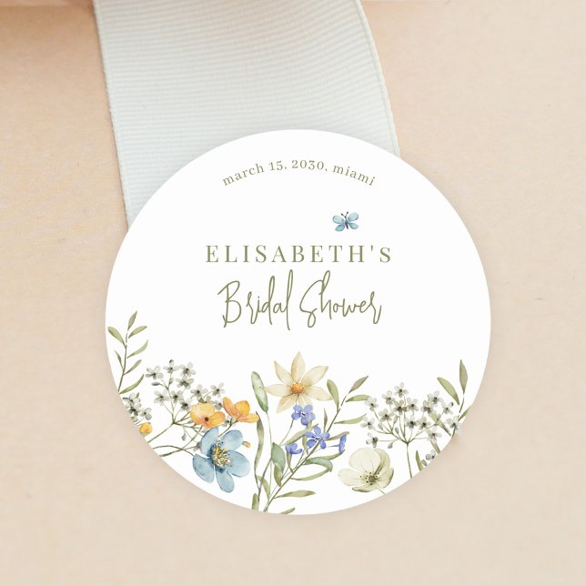 Boho wildflowers spring bridal shower personalised classic round sticker (Creator Uploaded)
