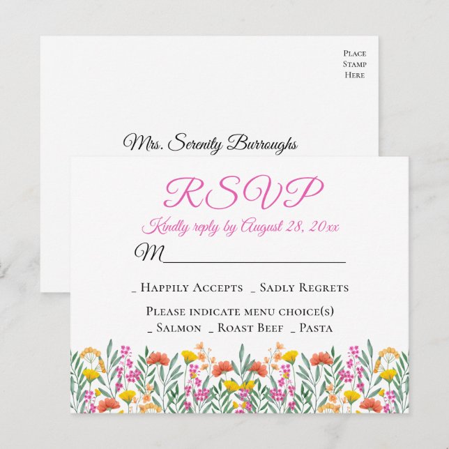 Boho Wildflowers Spring Floral Wedding RSVP  Invitation Postcard (Front/Back)