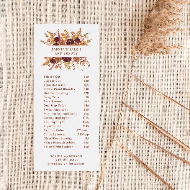 Boho Wildflowers Terracotta | Salon Price List Rack Card (Creator Uploaded)