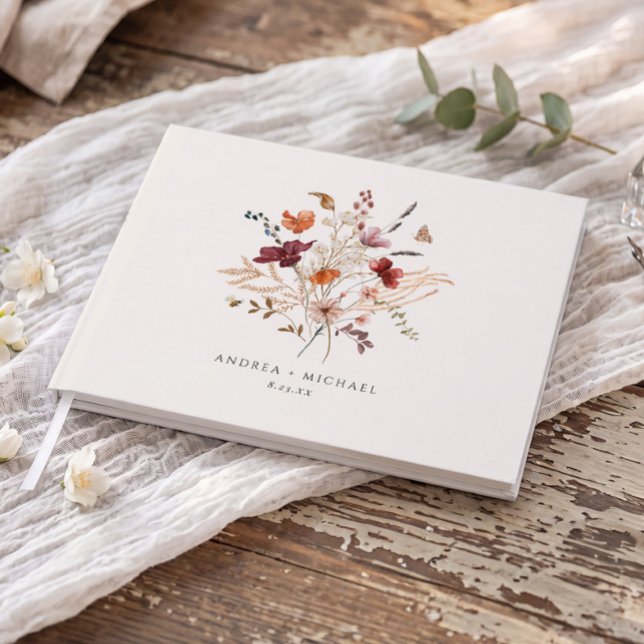 Boho Wildflowers Vintage Fall Wedding Guest Book (Elegant fall wildflowers wedding guest book with burgundy and orange flowers.)