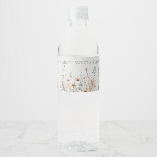 Boho Wildflowers Water Bottle Label (Front)