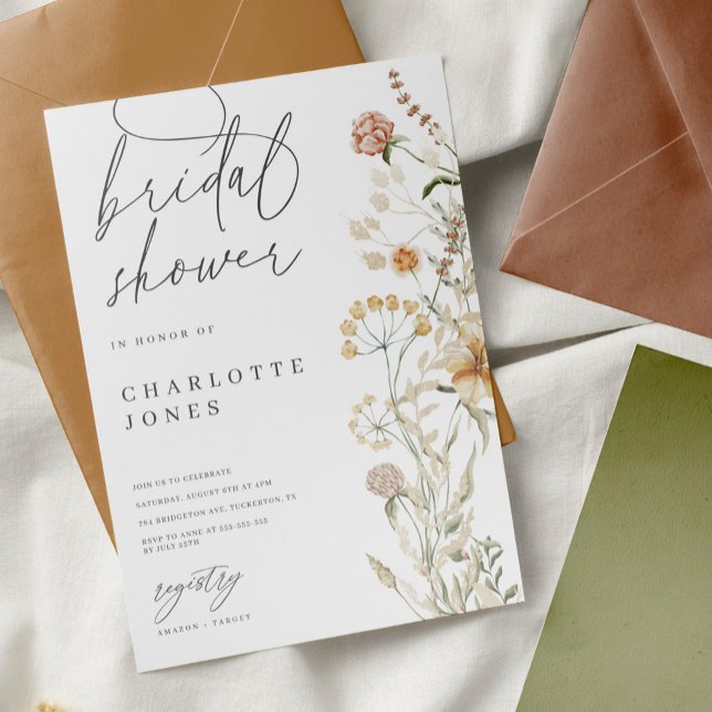 Boho Wildflowers Watercolor Minimal Bridal Shower Invitation (Creator Uploaded)