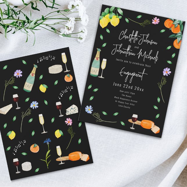 Boho Wine and Cheese Engagement Party Invitation (Wine and cheese wedding engagement party black and white  invitation Watercolor whimsical hand drawn)