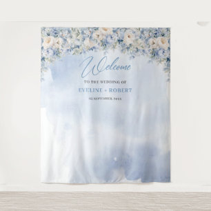 Boho winter blue ivory floral eucalyptus Wedding Tapestry