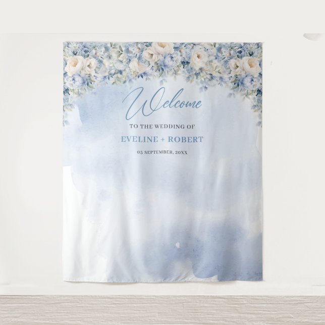 Boho winter blue ivory floral eucalyptus Wedding Tapestry (Front)