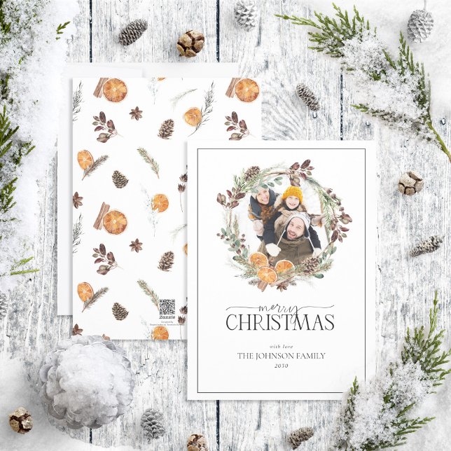 Boho Winter Citrus Wreath Merry Christmas Photo Ho Holiday Card (Creator Uploaded)