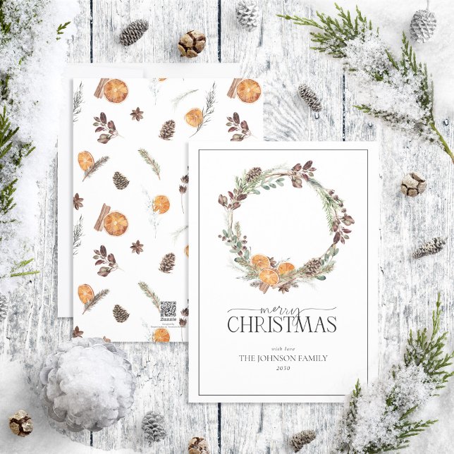 Boho Winter Citrus Wreath Merry Christmas Script H Holiday Card (Creator Uploaded)