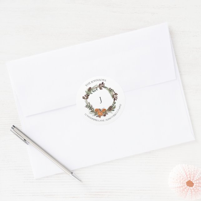Boho Winter Citrus Wreath Monogram Classic Round S Classic Round Sticker (Envelope)