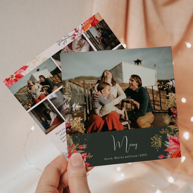 Boho Winter Floral Merry Seven Photo Christmas Holiday Card (Creator Uploaded)