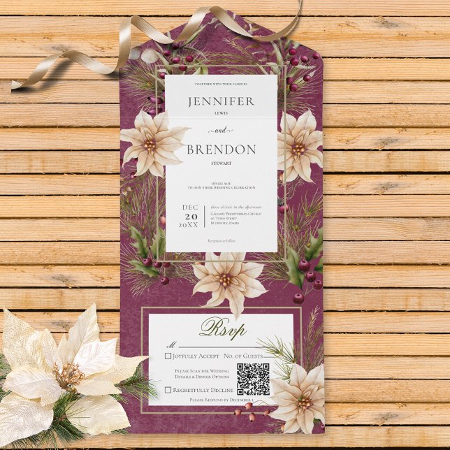Boho Winter Greenery Boughs Burgundy No Dinner All In One Invitation (Also available with a QR code or with dinner selection options.)