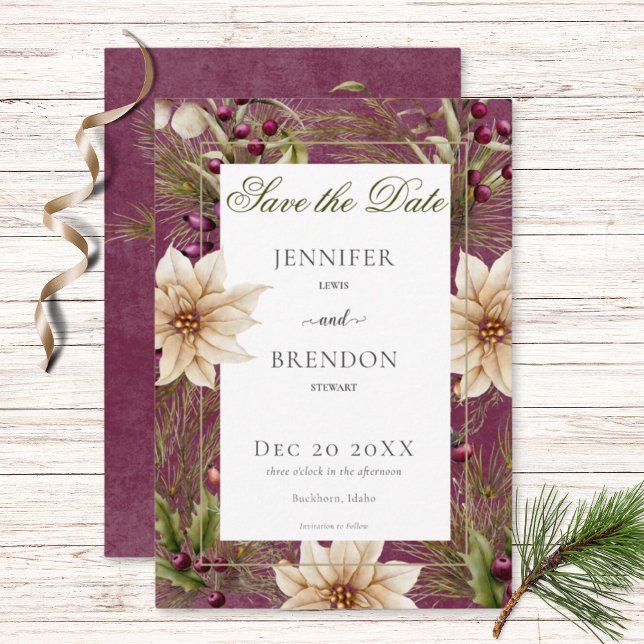 Boho Winter Greenery Boughs Burgundy Save The Date (Creator Uploaded)
