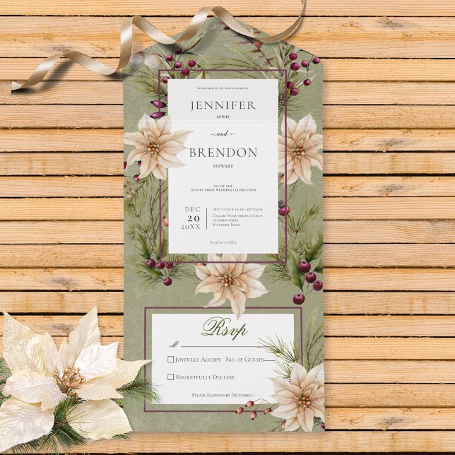 Boho Winter Greenery Boughs Sage Green No Dinner All In One Invitation (Also available with a QR code, or with dinner selection options.)