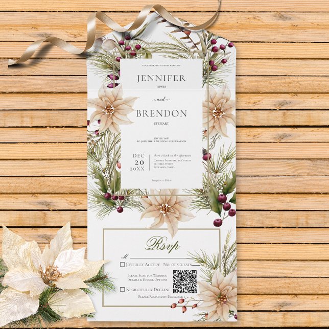 Boho Winter Greenery Boughs White QR Code All In One Invitation (Also available without a QR code; with or without dinner selection options.)