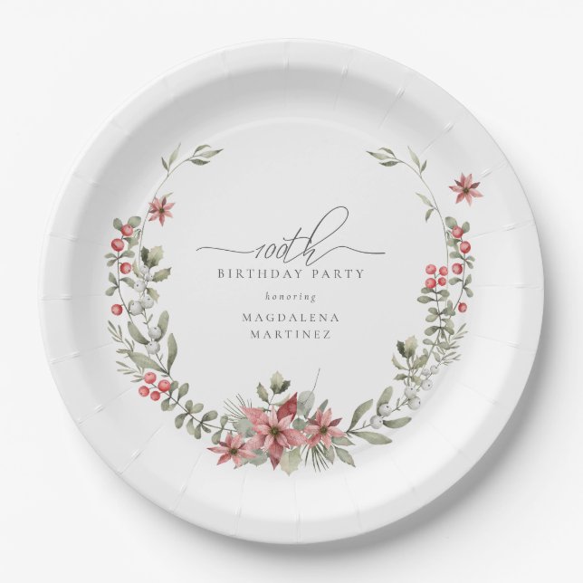 Boho Winter Greenery Red Floral 100th Birthday Paper Plate (Front)